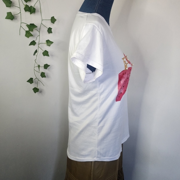 Soft White Shirt Sleeve Top with Pink Flamingos Pearls Accents - Picture 7 of 7